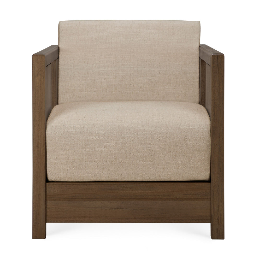 Fotoliu Roan Ethnicraft complet cu cadru din tec wild brown și perne în nuanța beige caldă Flax