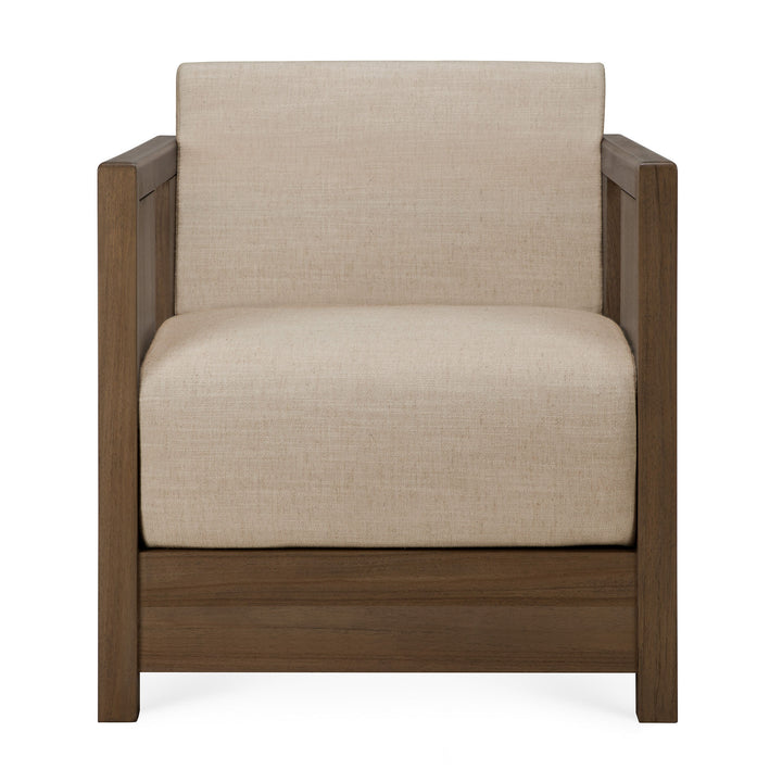 Fotoliu Roan Ethnicraft complet cu cadru din tec wild brown și perne în nuanța beige caldă Flax