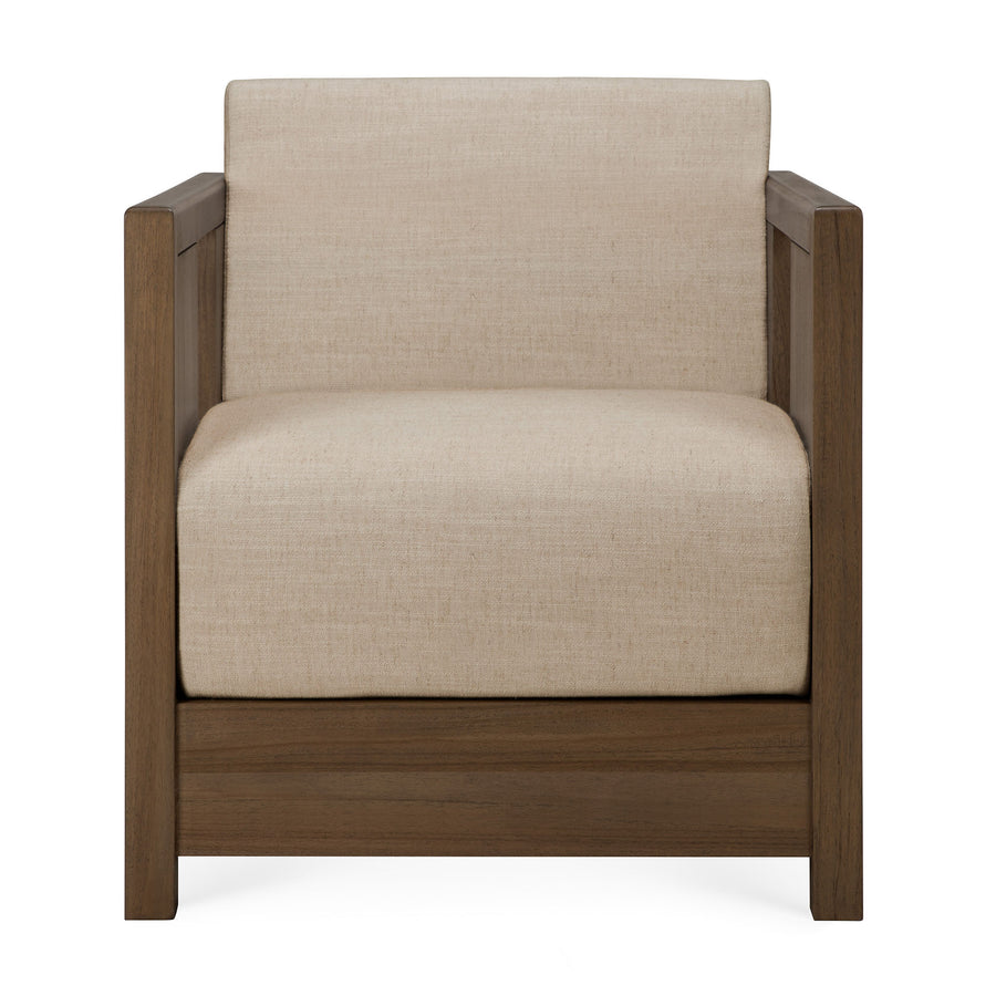 Fotoliu Roan Ethnicraft complet cu cadru din tec wild brown și perne în nuanța beige caldă Flax