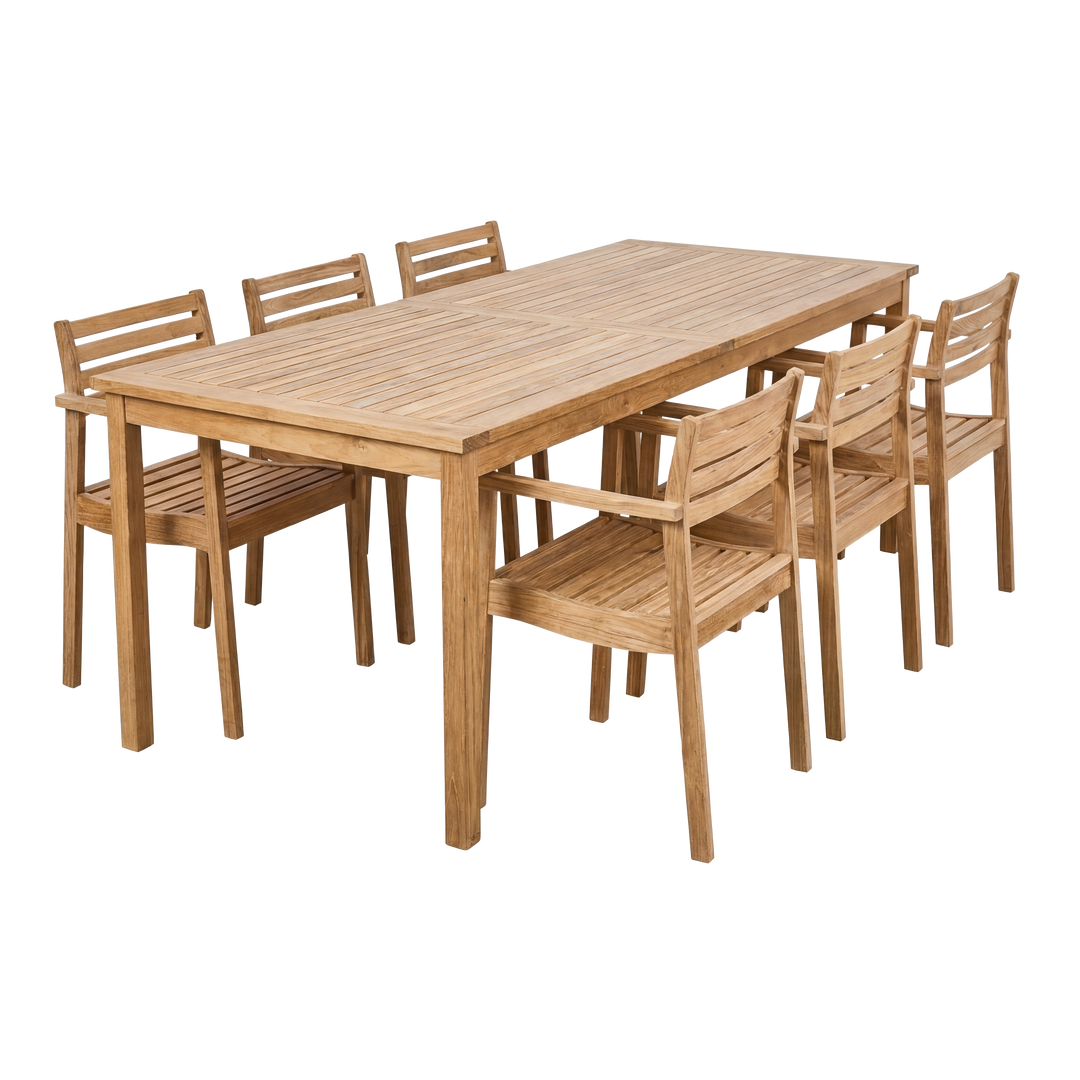 Set Rosenholm Cinas — masă mare și șase scaune din lemn de tec, pe o terasă pregătită pentru cină.