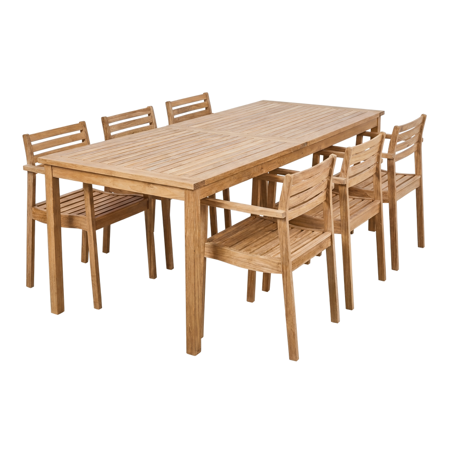 Set Rosenholm Cinas — masă mare și șase scaune din lemn de tec, pe o terasă pregătită pentru cină.