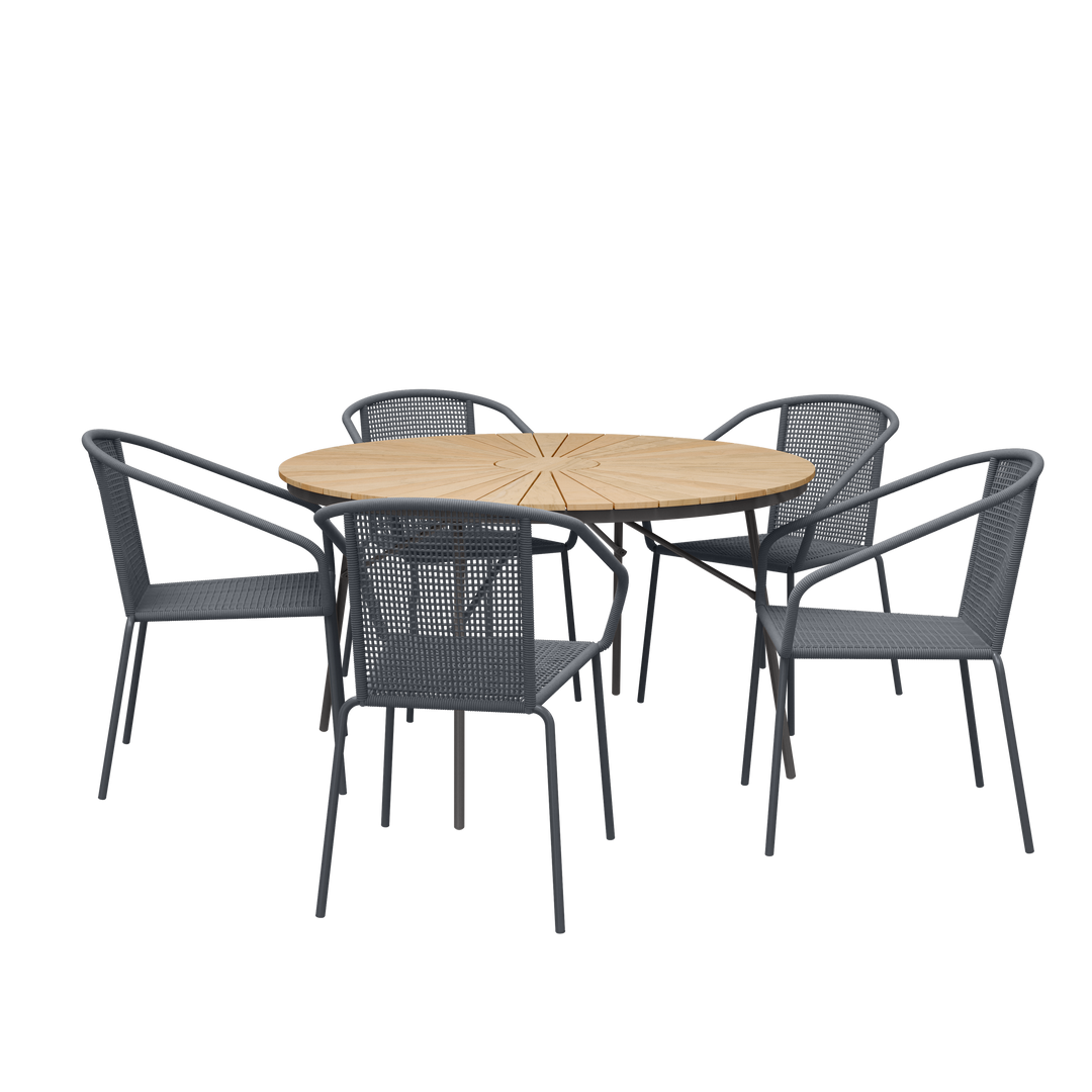 Set Ellen & Luno Cinas — masă rotundă din tec de 130 cm cu cadru antracit și cinci scaune împletite Luno.