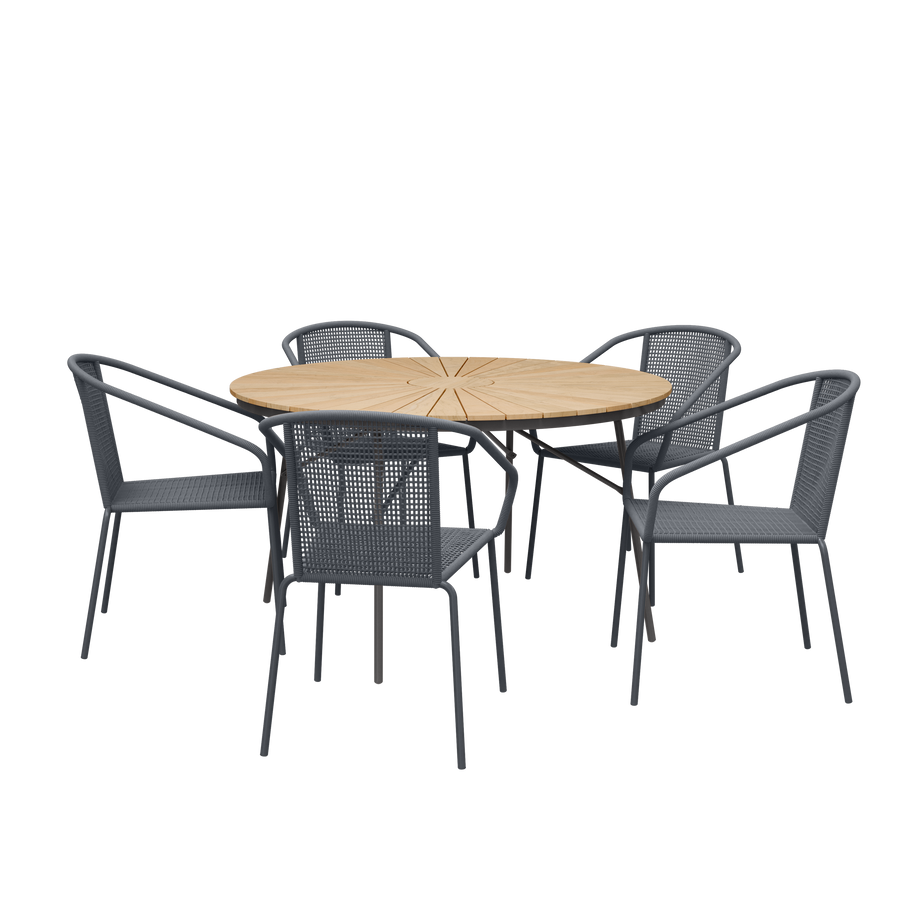 Set Ellen & Luno Cinas — masă rotundă din tec de 130 cm cu cadru antracit și cinci scaune împletite Luno.