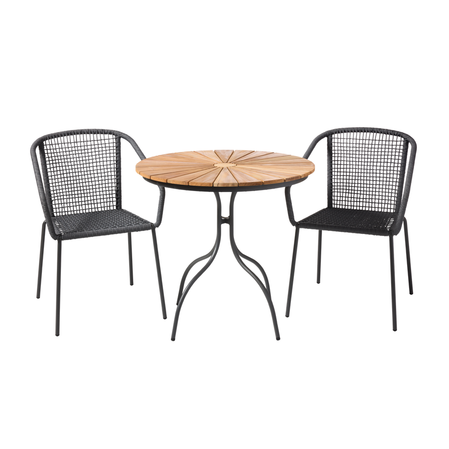Set Ellen & Luno Cinas pentru balcon — masă cafenea rotundă din tec cu cadru antracit și două scaune împletite Luno.