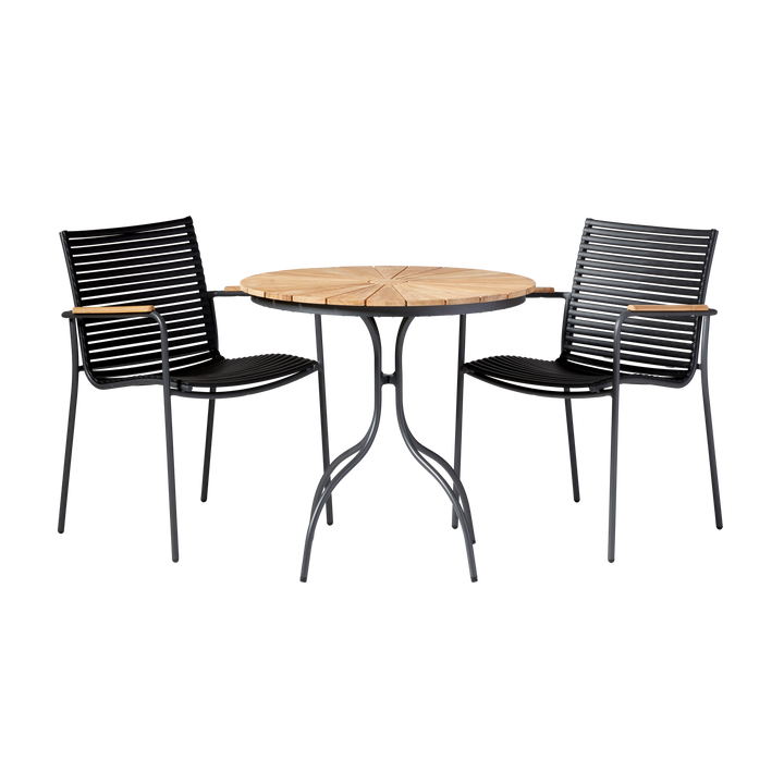 Set Ellen & Mood Classic Cinas — masă cafenea rotundă din tec de 80 cm și două scaune Mood Classic antracit.