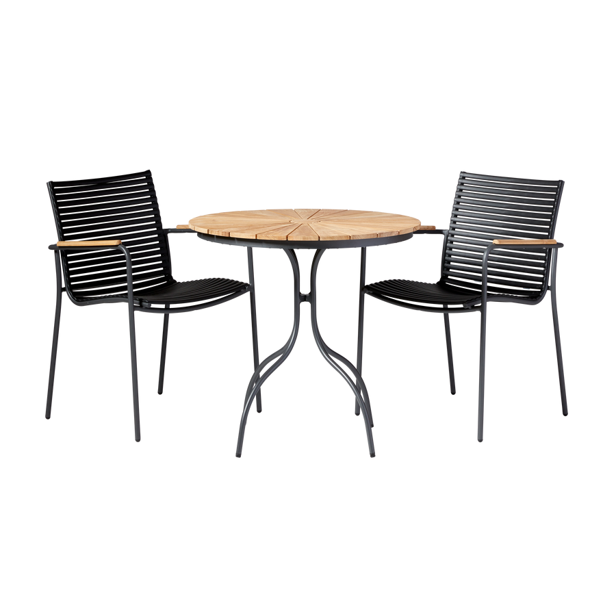 Set Ellen & Mood Classic Cinas — masă cafenea rotundă din tec de 80 cm și două scaune Mood Classic antracit.