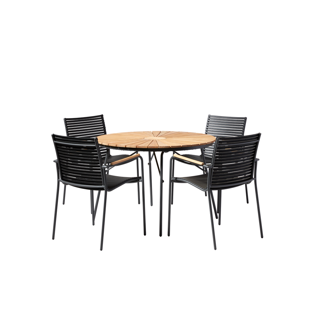 Set Ellen & Mood Classic Cinas — masă rotundă din tec de 110 cm cu cadru antracit și patru scaune cu șipci negre.
