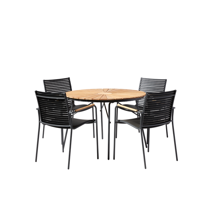 Set Ellen & Mood Classic Cinas — masă rotundă din tec de 110 cm cu cadru antracit și patru scaune cu șipci negre.