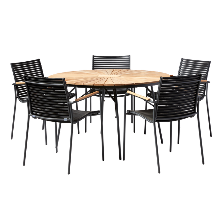 Set Ellen & Mood Classic Cinas — masă rotundă din tec de 130 cm cu cadru antracit și cinci scaune cu șipci negre.