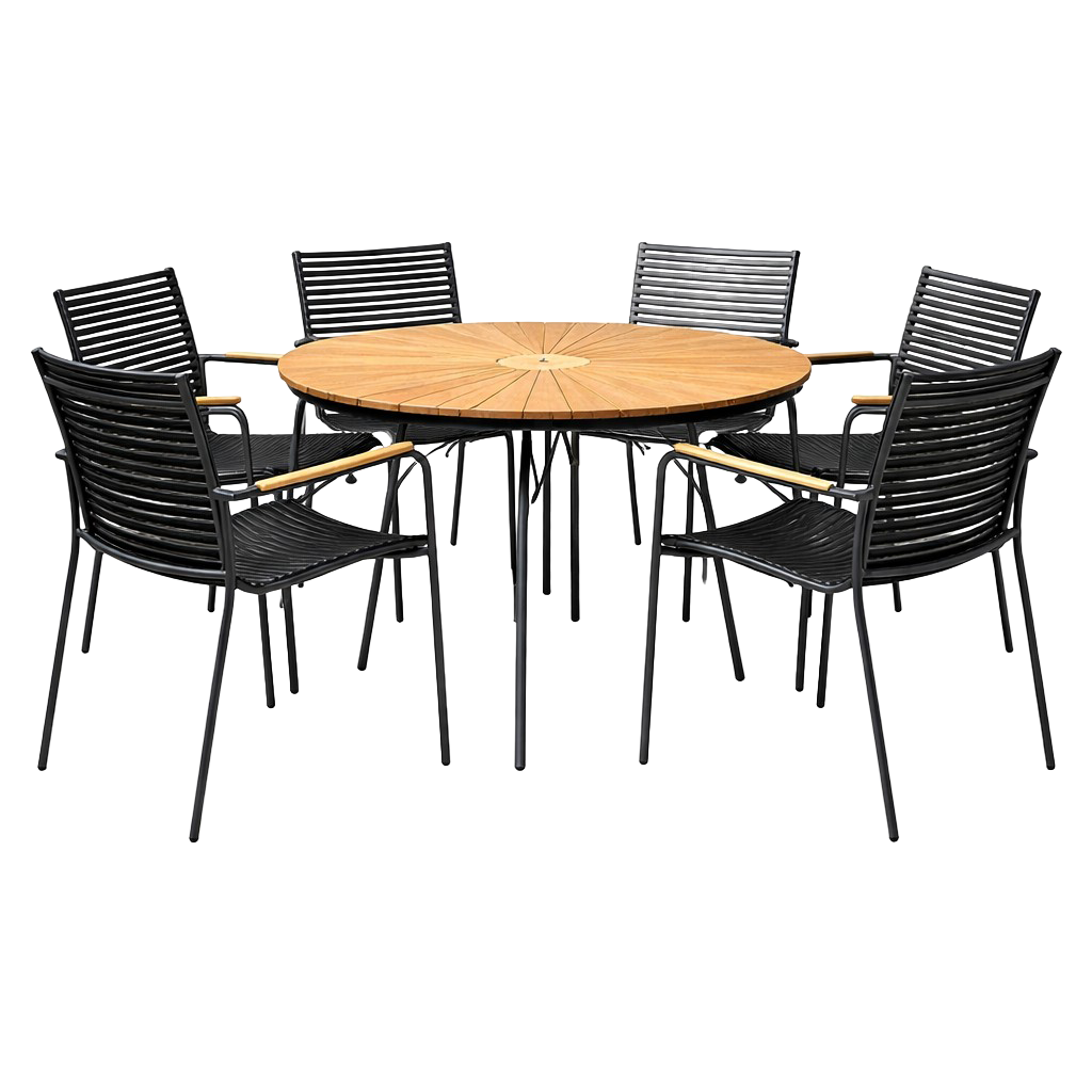Set Ellen & Mood Classic Cinas — masă rotundă din tec de 150 cm cu cadru antracit și șase scaune cu șipci negre.