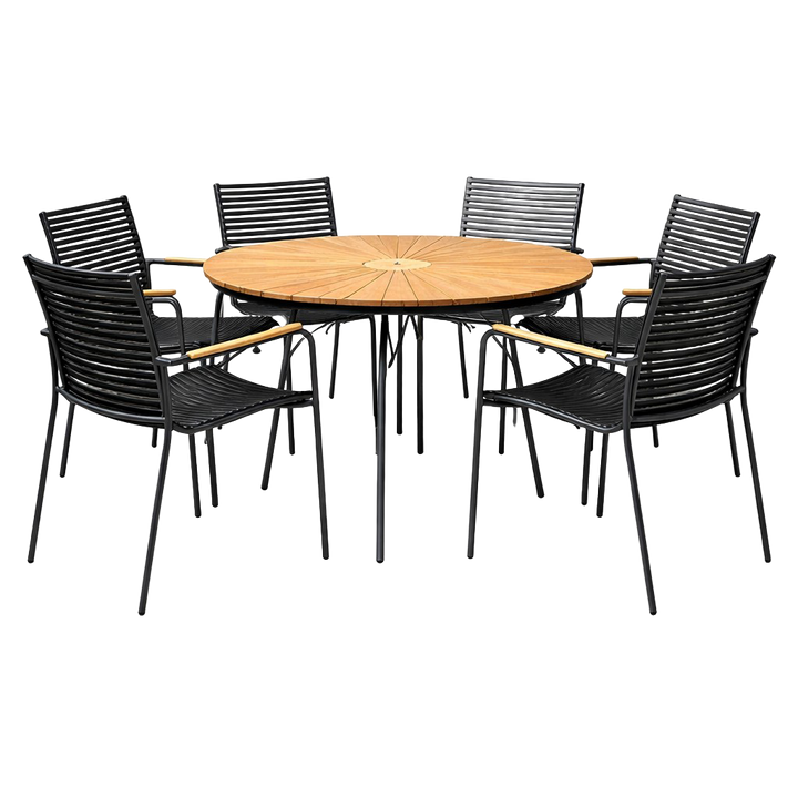 Set Ellen & Mood Classic Cinas — masă rotundă din tec de 150 cm cu cadru antracit și șase scaune cu șipci negre.