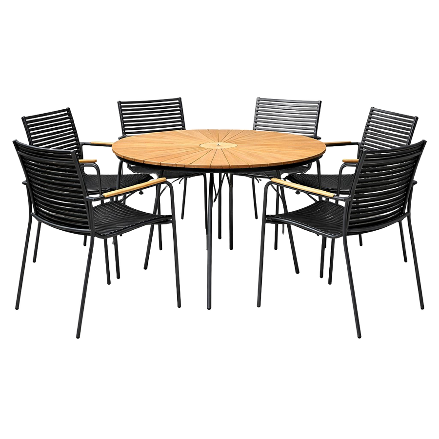 Set Ellen & Mood Classic Cinas — masă rotundă din tec de 150 cm cu cadru antracit și șase scaune cu șipci negre.