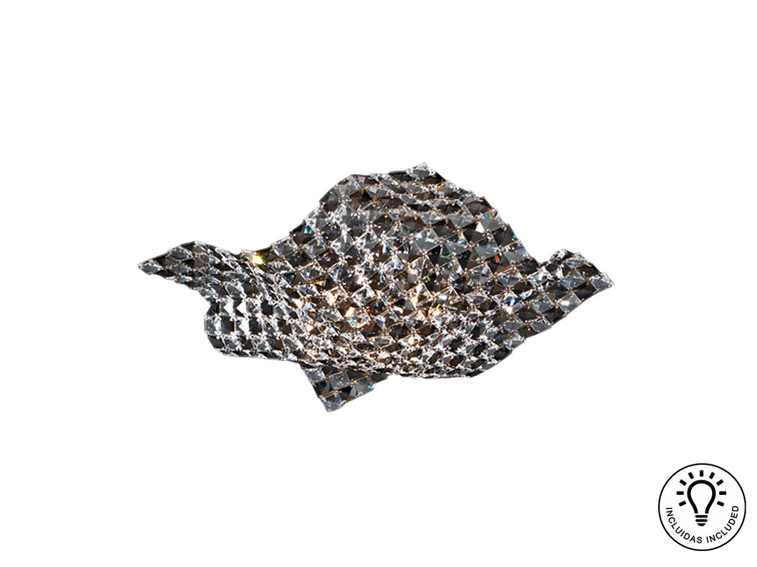 Plafonieră Schuller Saten cu carcasă cromată și plasă de cristale K9 fațetate în nuanțe transparente și fumurii — 43×43 cm.