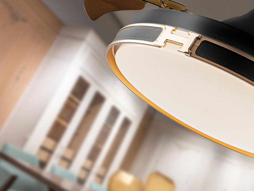 Ventilator tavan Schuller Heron negru-auriu cu piele Ø106
