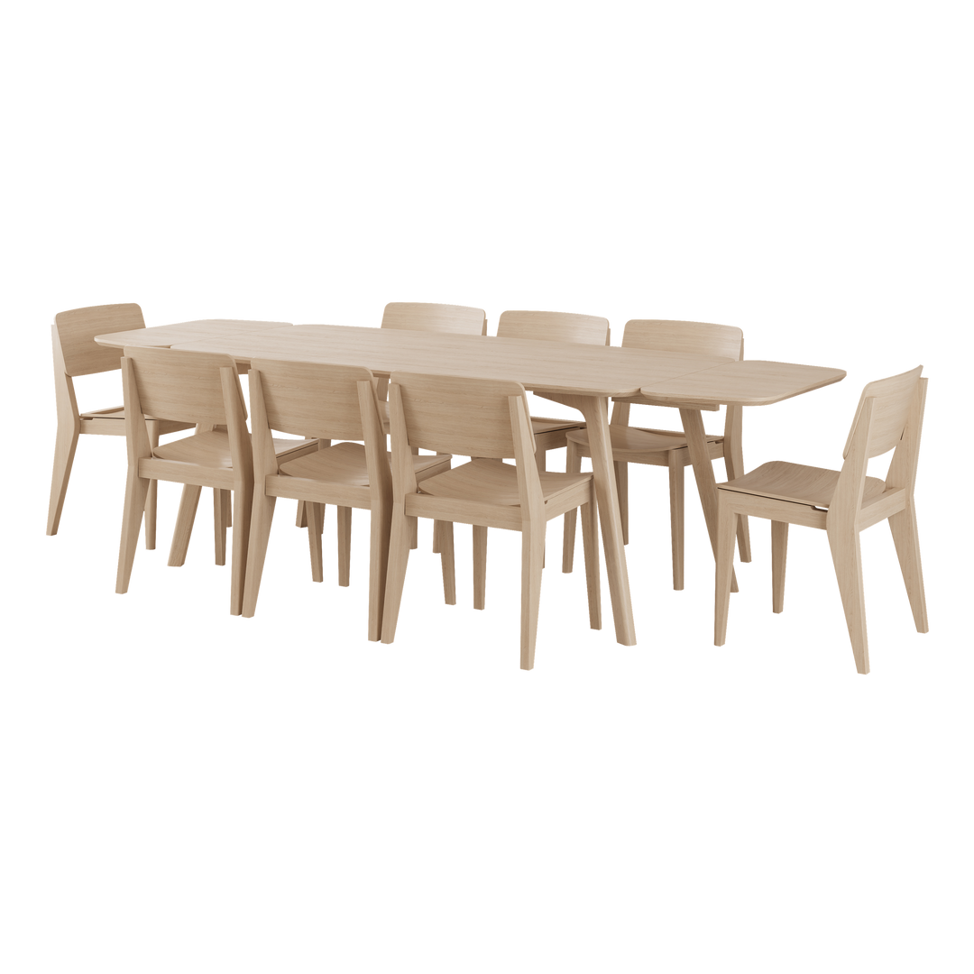 Set dining Elvo Cinas extins — masă dreptunghiulară din bambus cu extensii și opt scaune Elvo semnate Says Who.