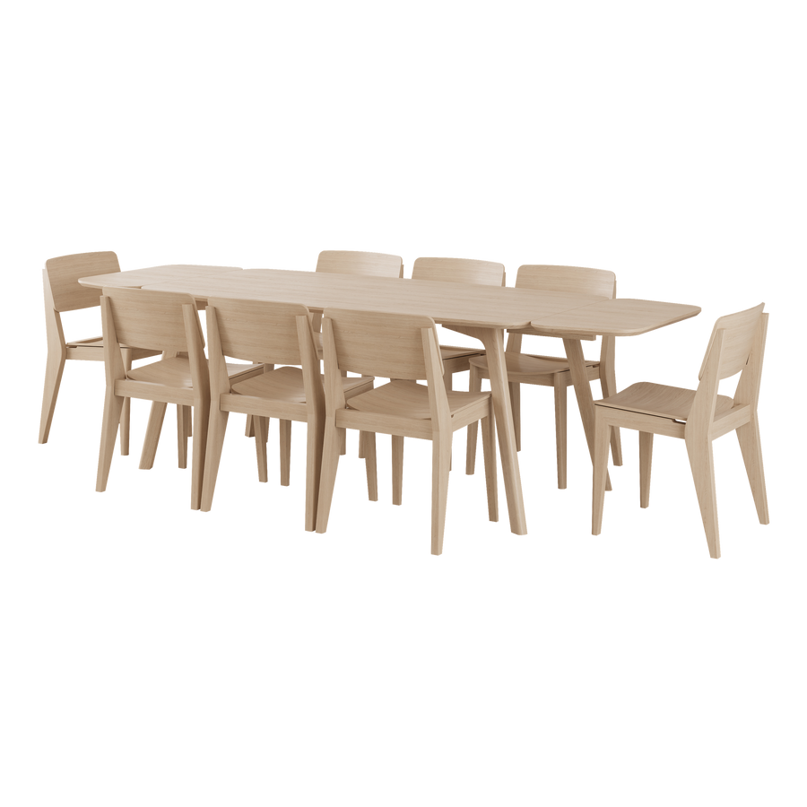 Set dining Elvo Cinas extins — masă dreptunghiulară din bambus cu extensii și opt scaune Elvo semnate Says Who.