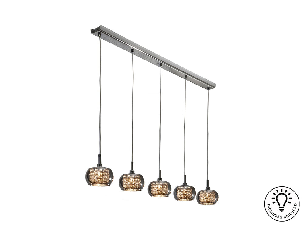 Lustră suspendată Schuller Arián 5L cu cinci abajure din sticlă reflectivă și mărgele de cristal pe bară orizontală — 105 cm.