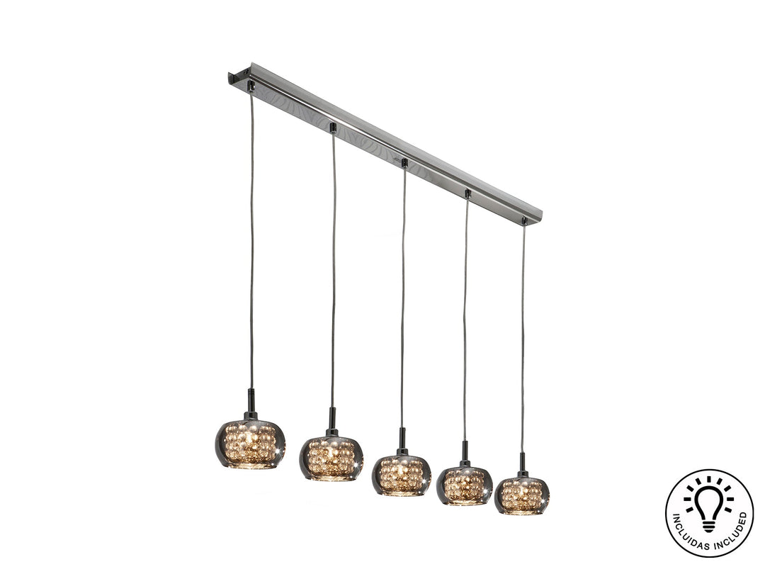 Lustră suspendată Schuller Arián 5L cu cinci abajure din sticlă reflectivă și mărgele de cristal pe bară orizontală — 105 cm.