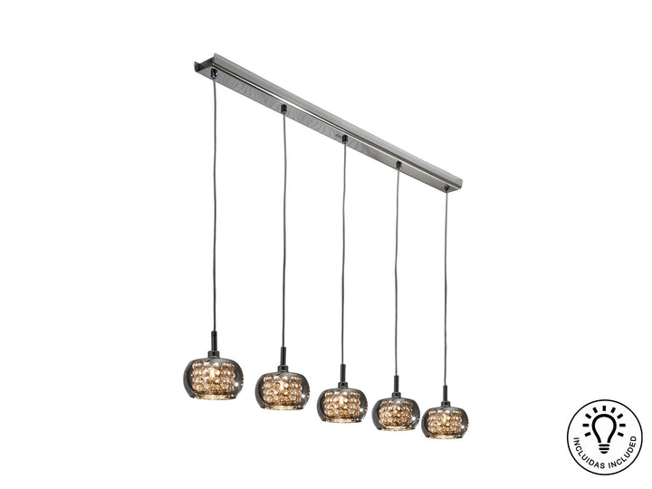 Lustră suspendată Schuller Arián 5L cu cinci abajure din sticlă reflectivă și mărgele de cristal pe bară orizontală — 105 cm.