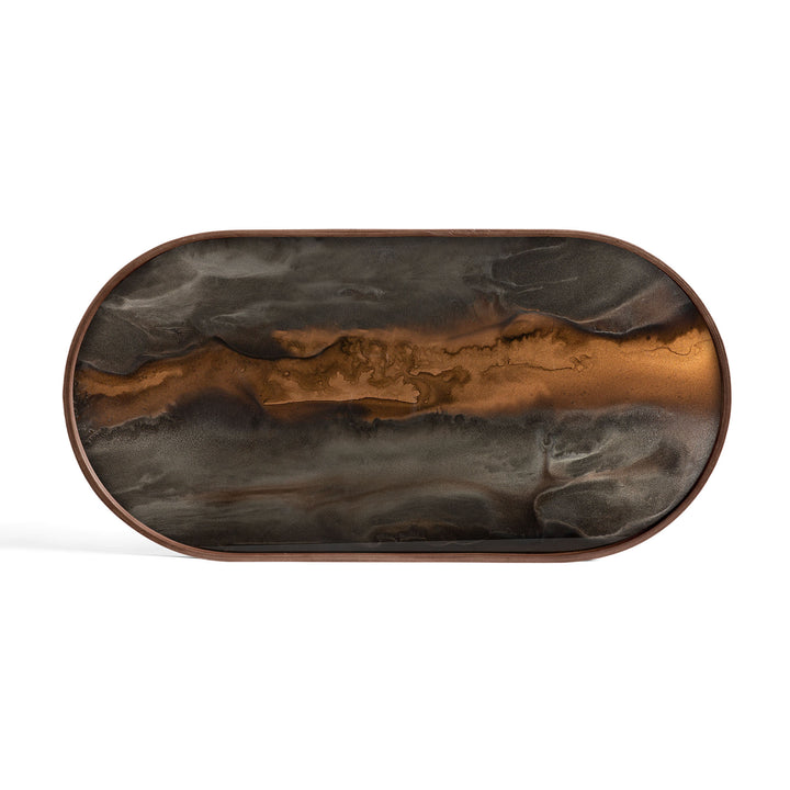 Tavă Organic Ethnicraft din sticlă pictată manual, finisaj bronz, cu rama din lemn — pe masă