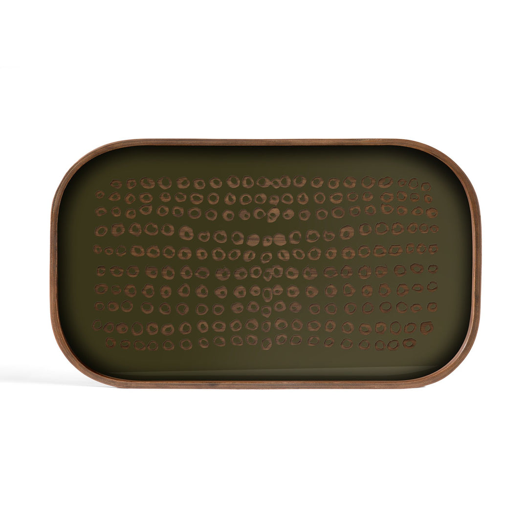 Tavă valet Second Nature Ethnicraft din sticlă serigrafiată verde mușchi, rama din furnir de tec