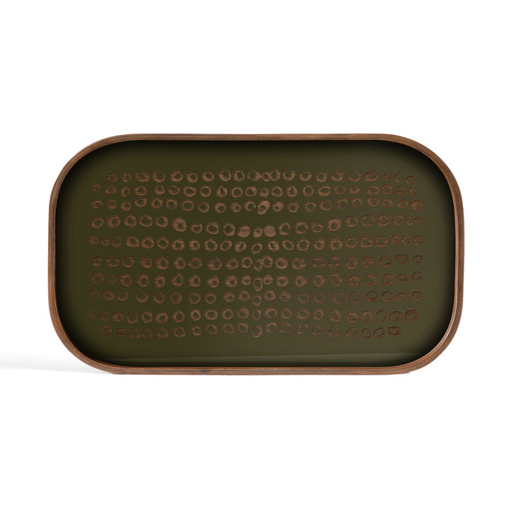 Tavă valet Second Nature Ethnicraft din sticlă serigrafiată verde mușchi, rama din furnir de tec