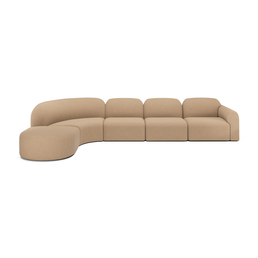 Canapea modulară Bulky Ethnicraft — 2× 1 loc + colț 90° + capăt stânga + taburet semicircular, țesătură Light Sepia