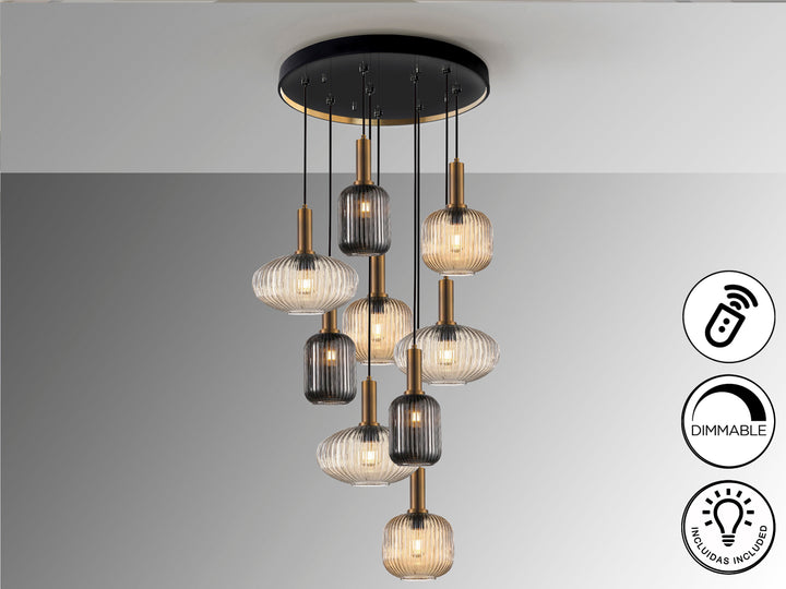 Lustra Schuller Norma 9 lumini negru-alama sticla 3 tonuri dimmable telecomandă
