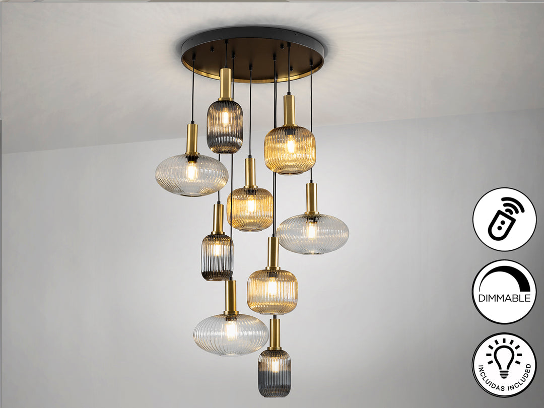 Lustra Schuller Norma 9 lumini negru-alama sticla 3 tonuri dimmable telecomandă