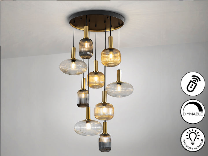 Lustra Schuller Norma 9 lumini negru-alama sticla 3 tonuri dimmable telecomandă