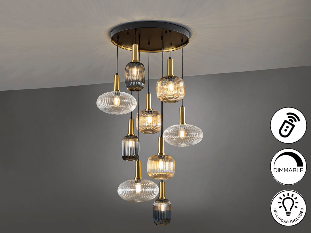 Lustra Schuller Norma 9 lumini negru-alama sticla 3 tonuri dimmable telecomandă