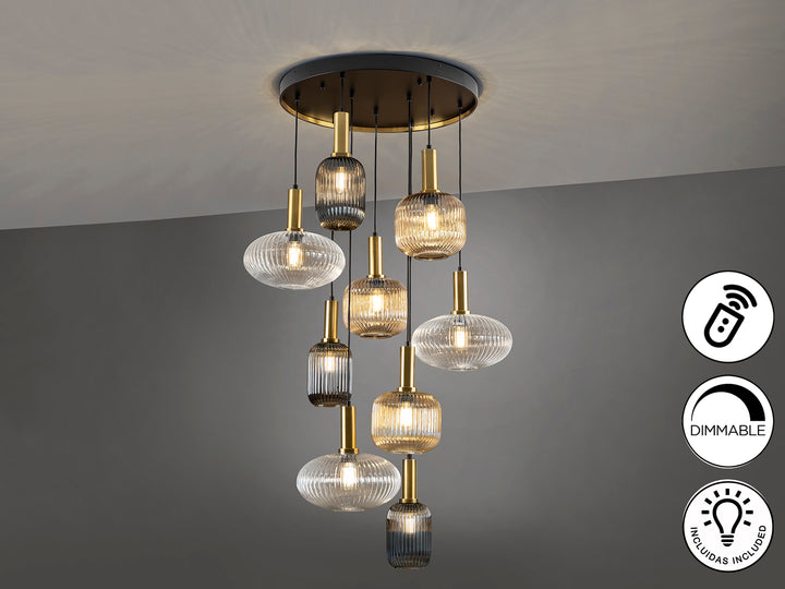 Lustra Schuller Norma 9 lumini negru-alama sticla 3 tonuri dimmable telecomandă