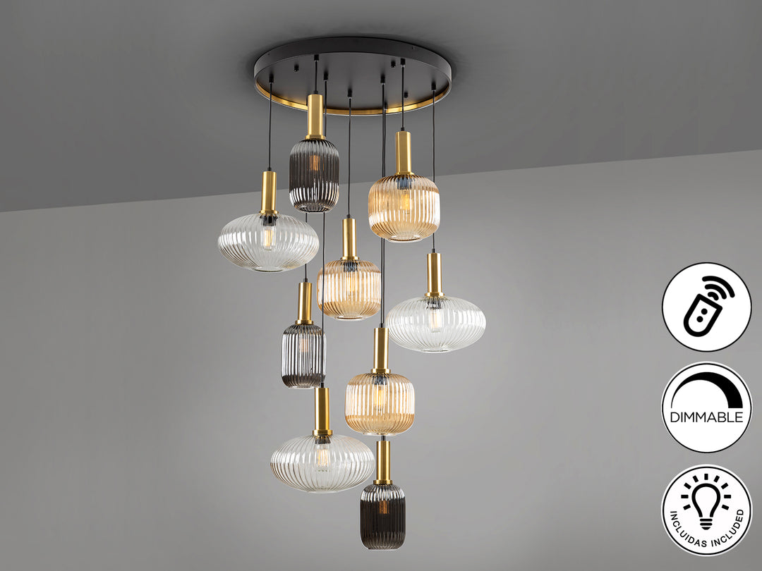 Lustra Schuller Norma 9 lumini negru-alama sticla 3 tonuri dimmable telecomandă