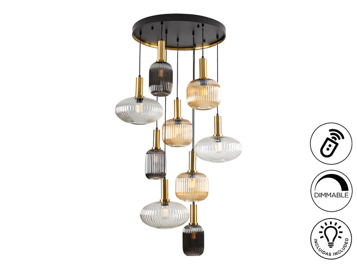 Lustra Schuller Norma 9 lumini negru-alama sticla 3 tonuri dimmable telecomandă
