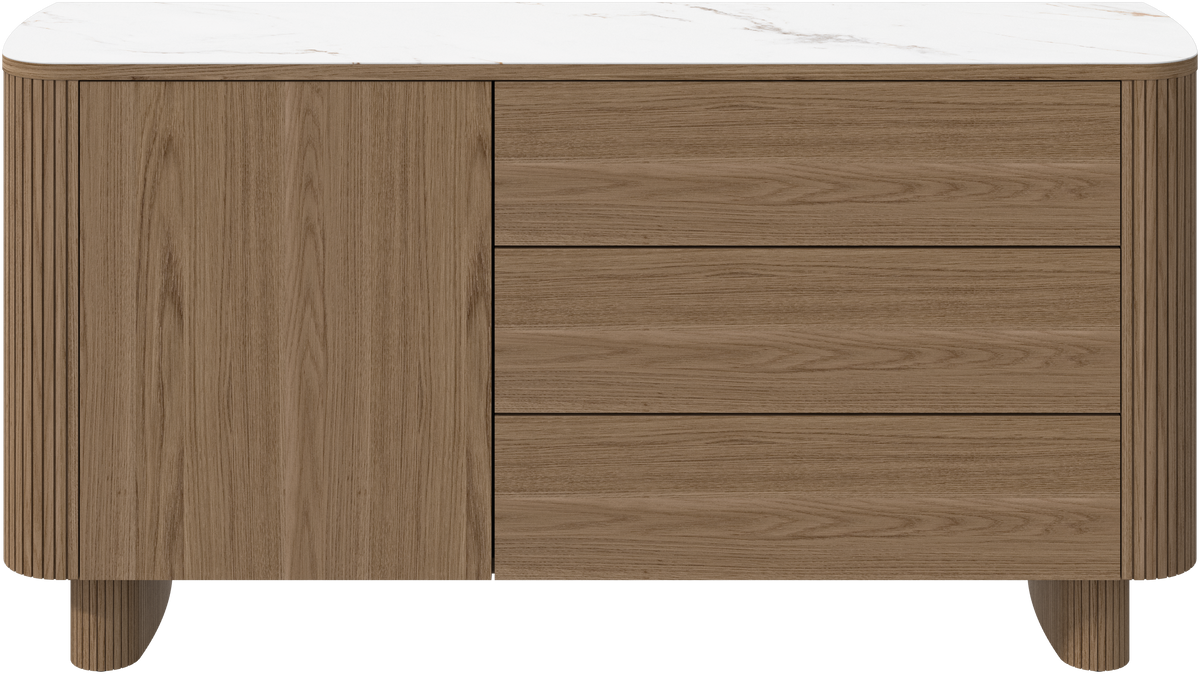 Bufet BoConcept Santiago 150 cm, furnir de stejar natural și ceramică albă — vedere de ansamblu