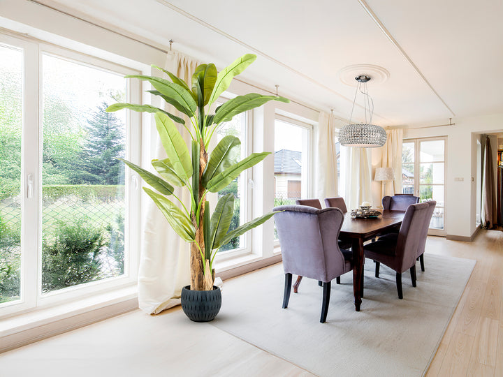 Plantă artificială Schuller Platanera cu frunze mari de arbore de banane și ghiveci ciment — H180 cm