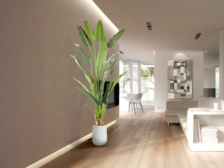 Plantă artificială Schuller Palma Viajero cu frunze de Ravenala în evantai și ghiveci ciment — H240 cm