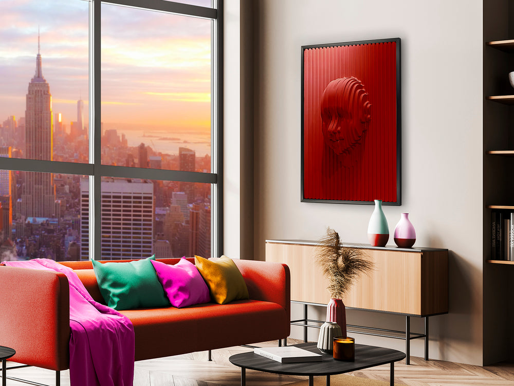 Decorațiune perete Schuller Red Face basorelief roșu saturat cu ramă neagră — 93x123 cm
