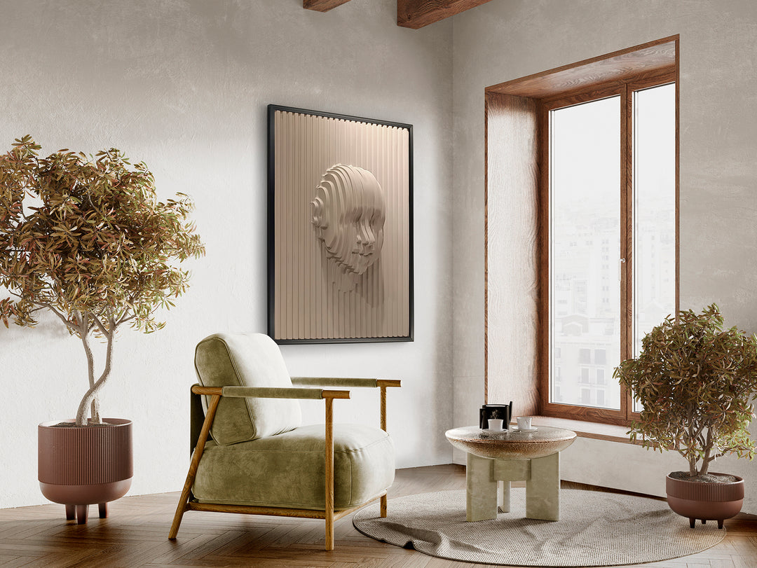 Decorațiune perete Schuller Beige Face basorelief bej cu ramă neagră — 93x123 cm