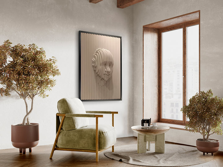 Decorațiune perete Schuller Beige Face basorelief bej cu ramă neagră — 93x123 cm
