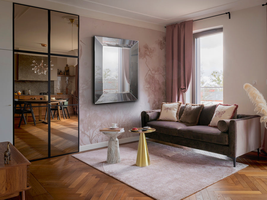 Oglindă decorativă Schuller Roma 110×81 cm cu plăci fațetate din oglindă cu margine șlefuită și ramă din MDF lăcuit smoke.