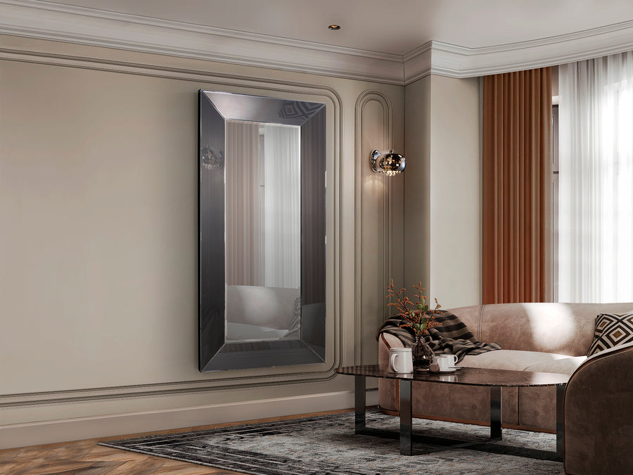 Oglindă decorativă Schuller Roma 90×185 cm cu plăci fațetate din oglindă cu margine șlefuită și ramă din MDF lăcuit smoke.