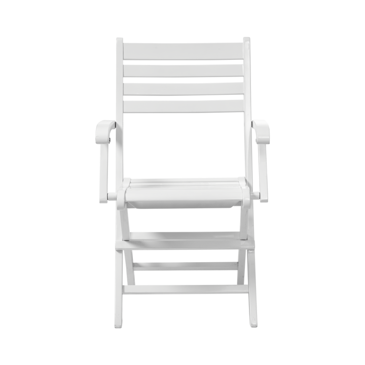 Scaun pliabil York Cinas — scaun pliabil cu profil subțire din mahon pictat alb, pe un balcon luminos.