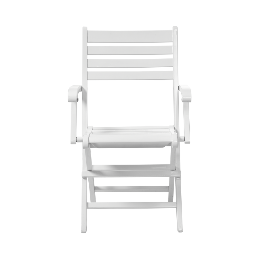 Scaun pliabil York Cinas — scaun pliabil cu profil subțire din mahon pictat alb, pe un balcon luminos.