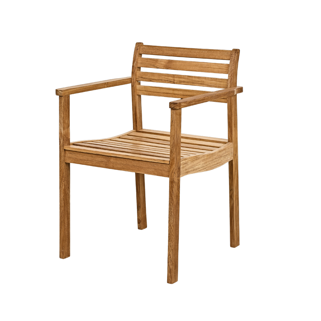 Scaun grădină Rosenholm Cinas — scaun din tec cu șezut ergonomic, într-o grădină clasică.