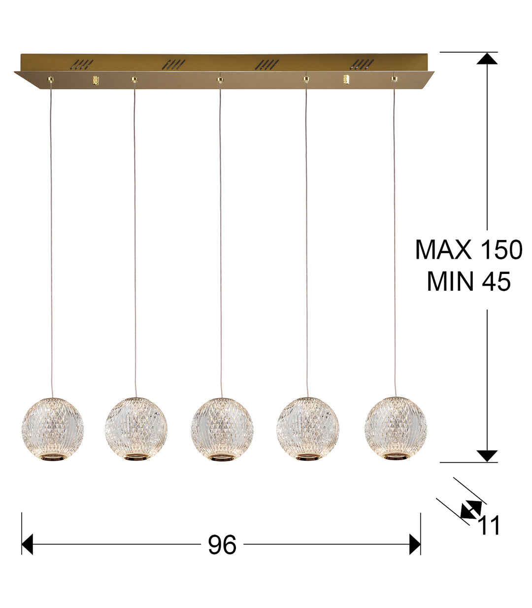 Lustra Schuller Austral 5 lumini bar 96 cm auriu sferă acrilic optic