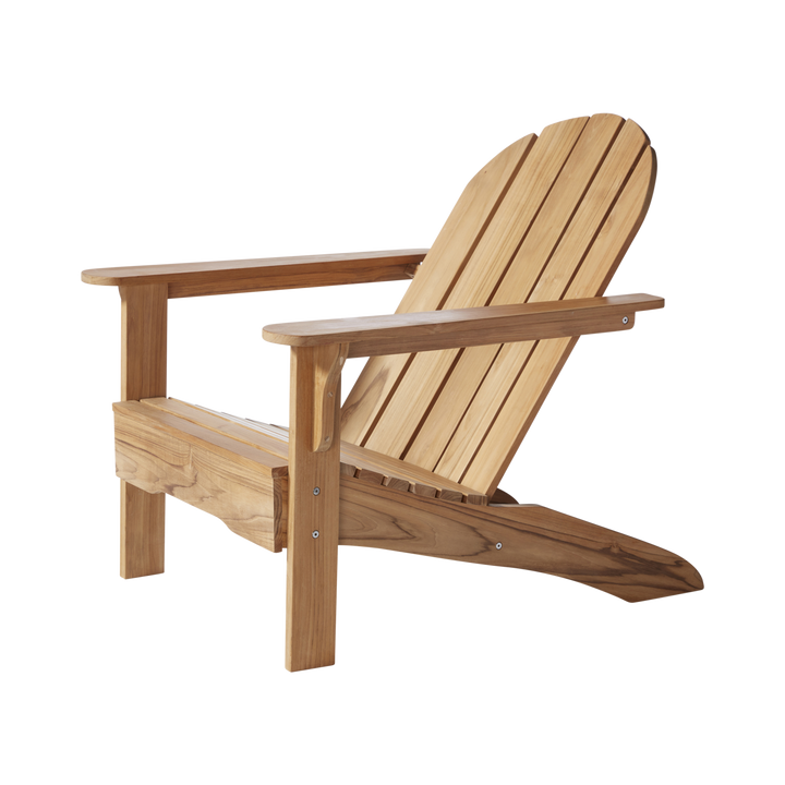 Scaun Adirondack Cinas — fotoliu de exterior din tec cu brațe late și spătar înalt cu șipci verticale.