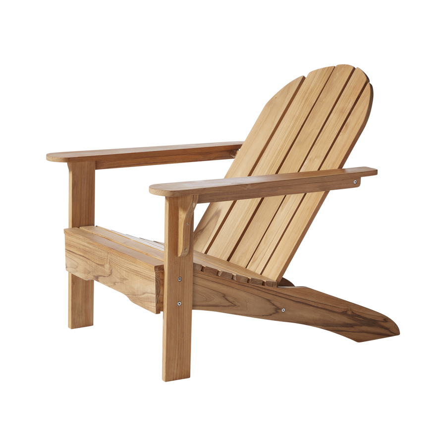Scaun Adirondack Cinas — fotoliu de exterior din tec cu brațe late și spătar înalt cu șipci verticale.