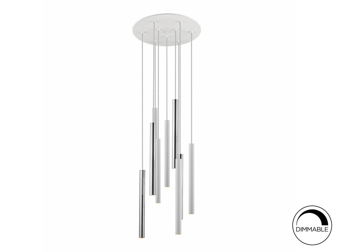 Lustră suspendată Schuller Varas 9L cu nouă coloane LED verticale dispuse circular pe disc de 42 cm — cromat și alb mat.