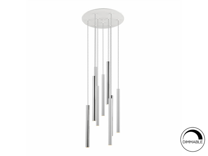 Lustră suspendată Schuller Varas 9L cu nouă coloane LED verticale dispuse circular pe disc de 42 cm — cromat și alb mat.